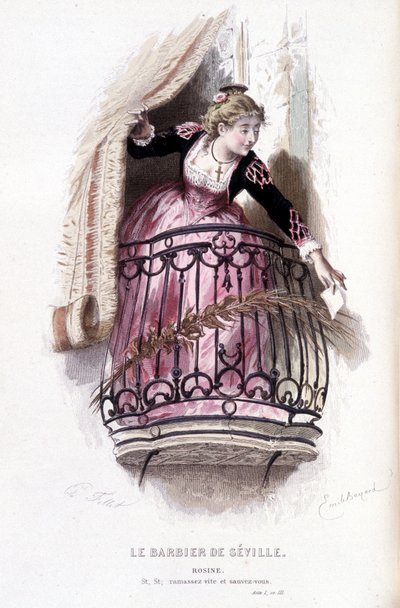 Gesamtwerk von Beaumarchais (1732-1799) von Edouard Fournier. Zeichnung von Emile Bayard. Ed. Laplace, Sanchez et Cie, Paris 1876. Dies ist Rosine in „Der Barbier von Sevilla“ von Emile Antoine Bayard
