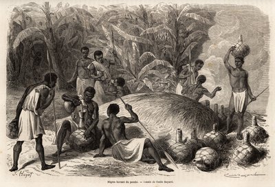 Verkostung des Pombe (alkoholisches Getränk durch Fermentation), in Karague (westlich des Viktoriasees, im heutigen Simbabwe), Zeichnung von Emile Bayard (1837-1891), zur Illustration von Captain Spekes Entdeckungsreise in Afrika von 1860 bis 1863. Gravur  von Emile Antoine Bayard