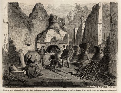 Entdeckt durch einen Bäckereiofen und erhaltenes Brot in Asche während der Ausgrabungen von 1864 in Pompeji, Zeichnung von Emile Bayard (1837-1891), zur Illustration von Marc Monniers Text (1829-1885) „Pompeji und die Pompejaner“. Gravur in „Le tour du mon von Emile Antoine Bayard