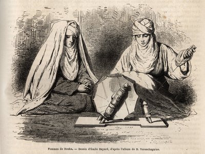 Frauen von Buchara (Usbekistan), bei der Arbeit am Spinnrad, Gravur nach einer Zeichnung von Emile Bayard, Illustration der Reise von Basile Vereschaguine nach Zentralasien 1867-1868, veröffentlicht in „Le tour du monde“ 1873, herausgegeben von Edouard Cha von Emile Antoine Bayard