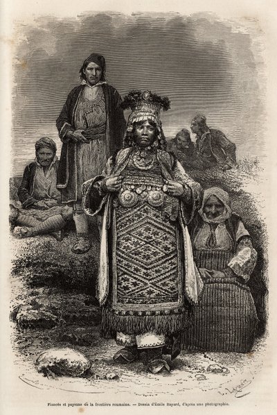 Verlobte und Bauern an der rumänischen Grenze, Gravur nach der Zeichnung von Emile Bayard, zur Illustration der Reise nach Bulgarien, von Guillaume Lejean, 1867, veröffentlicht in „Le tour du monde“ 1873, herausgegeben von Edouard Charton, Hachette Edition von Emile Antoine Bayard