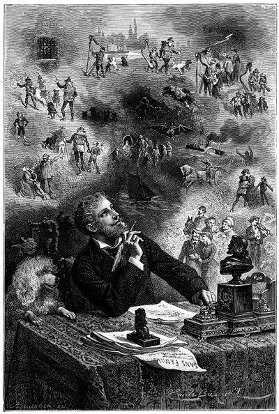 Frontispiz von Emile Bayard für die Hetzel-Ausgabe 1880 von Hector Malots Roman „Sans Famille“: Der Schriftsteller an seinem Arbeitstisch stellt sich seine Figuren und die Handlung seines Buches vor - Remi und die Mitglieder der Truppe von Monsieur Vitalis von Emile Antoine Bayard