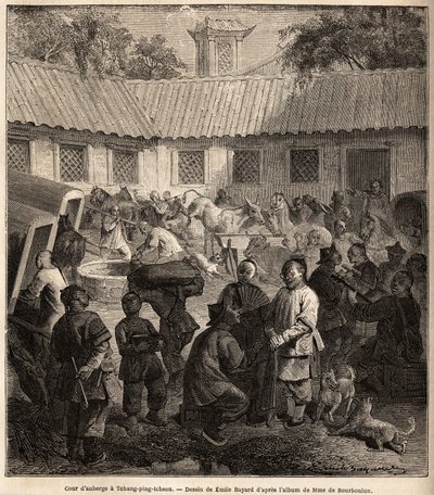 Gasthofhof in Chiang Ping Cheou. Zeichnung von Emile Bayard (1837-1891), zur Illustration der Reise von Shanghai nach Moskau, von 1859 bis 1862, von M. de Bourboulon, Minister von Frankreich in China. Gravur in Le Tour du Monde, herausgegeben von Edouard C von Emile Antoine Bayard