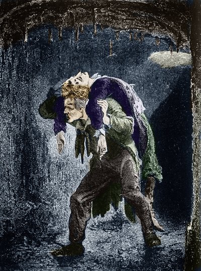 Jean Valjean, Marius verwundet auf seinem Rücken, flieht im Wasser von Paris. Illustration des Romans „Les Miserables“ von Victor Hugo (1802-1885). Illustration von Emile Bayard - (Jean Valjean bringt Marius auf seinem Rücken durch die Abwasserkanäle von P von Emile Antoine Bayard