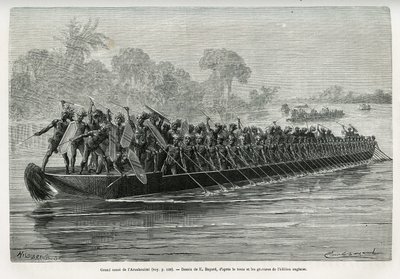 Großes Kanu der Arouhouimi, beladen mit 40 stehenden Paddlern und zwanzig Kriegern in Waffen, auf dem Livingstone-Fluss (Kongo), Zeichnung von Emile Bayard, zur Illustration der Geschichte „Durch den geheimnisvollen Kontinent“, Reise zwischen 1874-1877, v von Emile Antoine Bayard