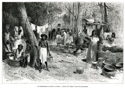 Die Wäscherinnen am Chorillo, Panama, Gravur nach einer Zeichnung von E. Bayard, zur Illustration der Geschichte „Erkundung am Isthmus von Panama und Darien“ von A. Reclus, Schiffslieutenant, von 1876 bis 1878, veröffentlicht in „Le tour du monde“, unter d von Emile Antoine Bayard