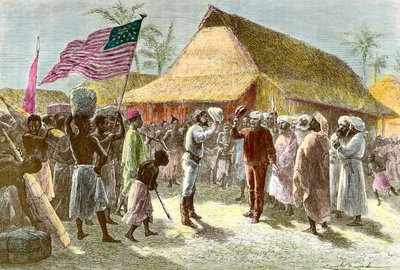 Treffen in Ujiji am Ufer des Tanganjikasees zwischen Henry Morton, einem Entdecker und Journalisten aus Wales (1841-1904) und David Livingstone, einem schottischen Missionar und Entdecker des afrikanischen Kontinents (1813-1873), am 10. November von Emile Antoine Bayard