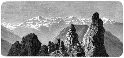 Berggipfel namens Pierre a Voir in der Nähe der Bäder von Saxon in den Walliser Alpen. Illustration von Emile Bayard für Albert Dupaignes Buch „Les Montagnes“, Ausgabe Mame 1881. von Emile Antoine Bayard