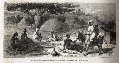 Vorbereitung von Elfenbein, für einen türkischen Händler, Uganda, Zeichnung von Emile Bayard (1837-1891), zur Illustration von Captain Spekes Entdeckungsreise in Afrika von 1860 bis 1863. Gravur in Le Tour du Monde, herausgegeben von Edouard Charton von Emile Antoine Bayard