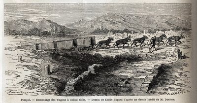 Wiederaufbau leerer Wagen während der Ausgrabungen von 1864 in Pompeji, Zeichnung von Emile Bayard (1837-1891), zur Illustration des Textes von Marc Monnier (1829-1885) „Pompeji und die Pompejaner“. Gravur in „Le Tour du Monde“, herausgegeben von Edouard C von Emile Antoine Bayard