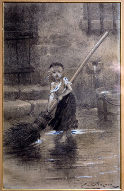 Darstellung von Cosette, barfuß fegend. Illustration für „Die Elenden“ von Victor Hugo (1802-1885) von Emile Bayard (1837-1891), 19. Jahrhundert. Paris, Maison Victor Hugo von Emile Antoine Bayard