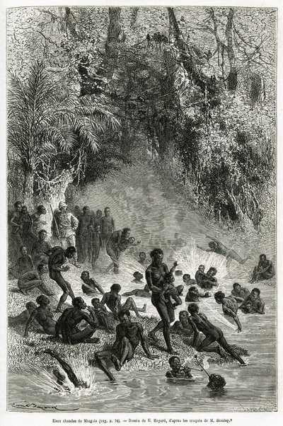 Sir Henri Morton Stanley (1841-1904) inmitten der Badenden der Region Karagoue (Kamerun), die in das heiße und medizinische Wasserbecken der Mtagata-Schlucht eintauchen, Zeichnung von Emile Bayard, zur Illustration der Geschichte "Durch den geheimnisvolle von Emile Antoine Bayard