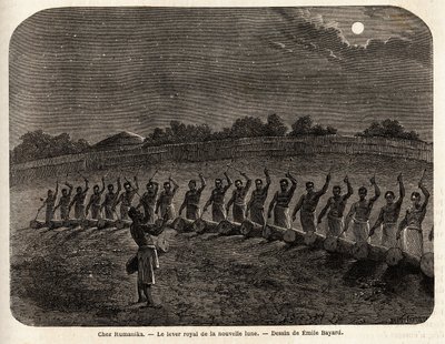 Die Zeremonie der Trommeln zum Aufgang des neuen Mondes, an der Spitze des Stammes Rumanika, in Karague (westlich des Viktoriasees, im heutigen Simbabwe), Zeichnung von Emile Bayard, Illustration der Entdeckungsreise von Captain Speke in Afrika 186 von Emile Antoine Bayard