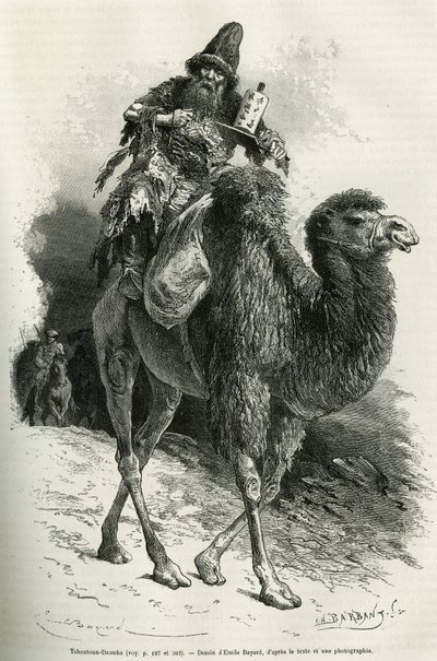 Der Führer und Dolmetscher der Expedition, Chutun Dzamba, 58 Jahre alt, hockte auf seinem Kamel, er murmelte ständig Gebete, Zeichnung von Emile Bayard zur Illustration der Reise nach Mongolei und dem Land der Tanguten von 1870 bis 1873, von dem Leutnant von Emile Antoine Bayard