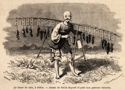 Der Rattenfänger in Peking. Zeichnung von Emile Bayard (1837-1891), zur Illustration der Reise von Shanghai nach Moskau, von 1859 bis 1862, von M. de Bourboulon, Minister von Frankreich in China. Gravur in „Le tour du monde“, herausgegeben von Edouard Char von Emile Antoine Bayard
