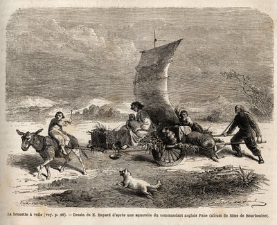 Das Segelschubkarren, Fortbewegungssystem in Nordchina, Zeichnung von E. Bayard, Illustration der Reise von Shanghai nach Moskau von Emile Antoine Bayard