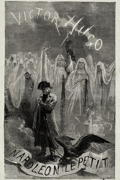 Titelseite von Victor Hugos Buch "Napoleon der Kleine" (Napoleon III. hält eine Adlerkette). Gravur von Emile Bayard von Emile Antoine Bayard