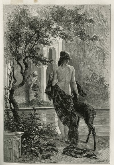 Ein Garten in Fes, Gravur von Emile Bayard, zur Illustration der Geschichte Marokkos von Edmondo de Amicis, 1875, veröffentlicht in Le tour du monde, unter der Leitung von Edouard Charton von Emile Antoine Bayard