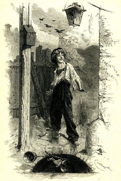 Victor Hugo: Les Miserables. Gavroche, Kind aus Paris. Illustration von Emile Bayard. von Emile Antoine Bayard