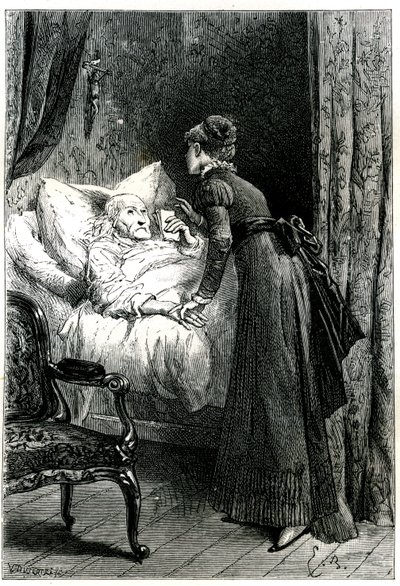 Junge Frau, die sich um einen alten Mann kümmert, der in seinem Bett unter einem an der Wand hängenden Kruzifix stirbt. Der Sterbende hält seine letzten Empfehlungen (Testament) in der Hand. Gravur von Emile Bayard, illustriert Jules Sandeaus Buch „Mademoi von Emile Antoine Bayard
