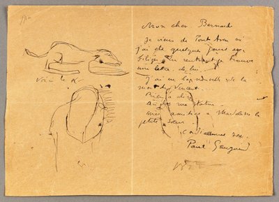 Brief an Emile Bernard mit drei Tintenzeichnungen, Hinweis auf den Tod von "Vincent", Tahiti, 1890er Jahre von Emile Bernard