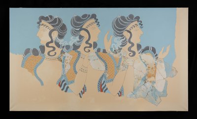 Gemälde des restaurierten Freskos der Blauen Damen aus dem Palast von Knossos (Evans Freskozeichnung O/7) von Emile Gilliéron