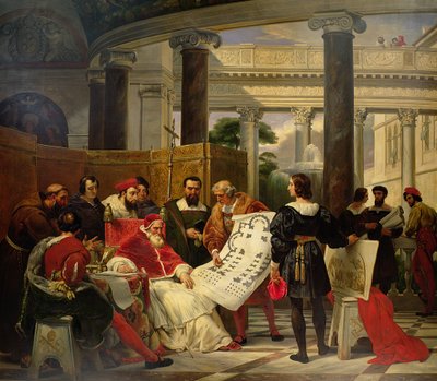 Papst Julius II. befiehlt Bramante, Michelangelo und Raphael den Bau des Vatikans und St. Peter, 1827 von Emile Jean Horace Vernet