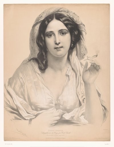 Verschleierte junge Frau mit einer Zigarette in der Hand von Emile Lassalle
