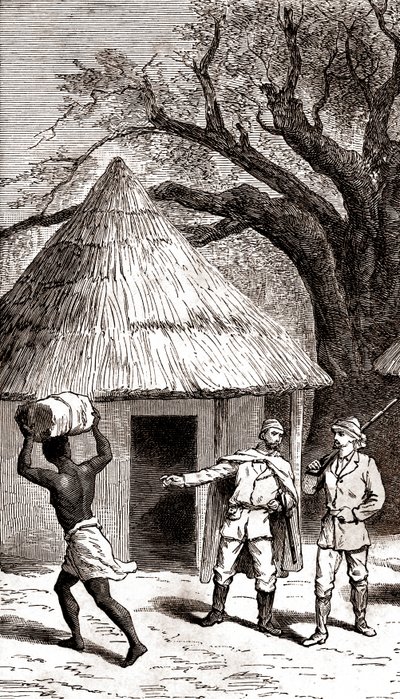Entdecker und Träger vor einer afrikanischen Hütte, 1887 von Emile Mas