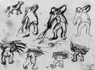 Sieben Skizzen von grabenden und holztragenden Männern sowie eine Skizze eines Hundes von Emile Othon Friesz
