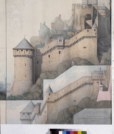 Ansicht der Maschikulis zwischen dem Nordturm und dem Claudine-Turm von Mont Saint Michel. Zeichnung von Emile Sagot. Städtisches Museum von Avranches (Manche) von Emile Sagot