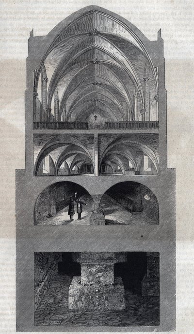 Querschnitt des Napoleon-Gymnasiums in Paris (heute Lycée Henri IV). Von oben nach unten: der Speisesaal, die Küche, die Keller, die Katakomben. Gravur von Therond. In „Le Magasin Pittoresque“ von Emile Theodore Therond