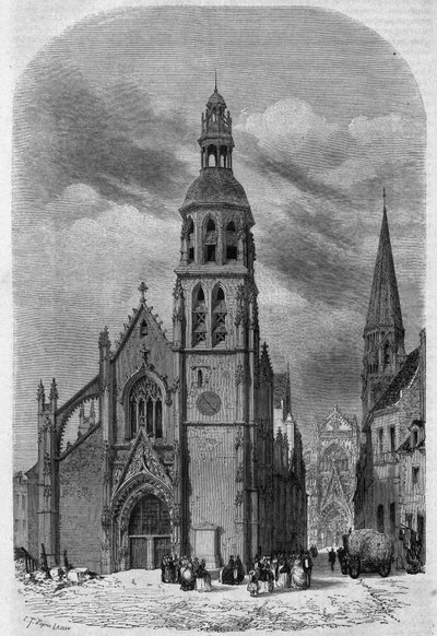 Außenansicht der Kirche Saint Martin (15.-16. Jahrhundert) von Vendôme, Loir-et-Cher (41), vor ihrem Abriss im Jahr 1857. Gravur von Therond in „Le Magasin Pittoresque“ von Emile Theodore Therond