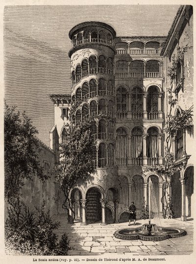 La Scala Antica, Zeichnung von Therond, zur Illustration von Adalbert de Beaumonts Reise nach Venedig um 1850. Gravur in „Le tour du monde“, herausgegeben von Edouard Charton von Emile Theodore Therond
