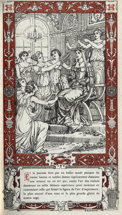 Ballett im Schloss von Fontainebleau, bei dem die Damen des Hofes von König Heinrich II. (1519 - 1559) jeweils eine Wissenschaft oder Kunst darstellen. Gravur von 1914 von Emmanuel Blanche (1880-1946).DR Private Sammlung. von Emmanuel Blanche