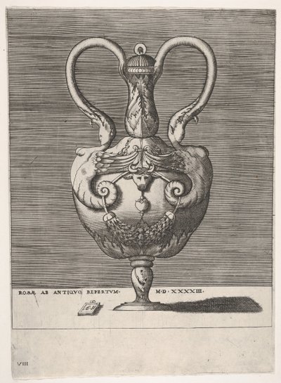 Antike Vase mit Deckel und zwei Griffen, die aus den Köpfen hybrider weiblicher Sphingen hervorgehen, 1543 oder später von Enea Vico