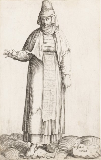 Kostümplatte: Hispana Rustica mit Etikett auf Felsen, ca. 1557-58 von Enea Vico