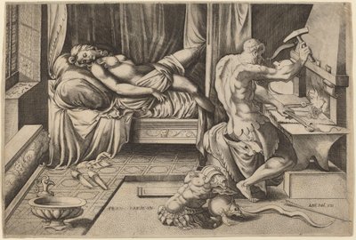 Venus liegend mit Vulkan an seiner Schmiede von Enea Vico after Parmigianino