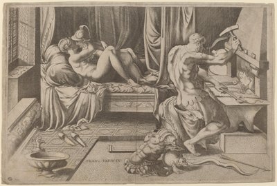 Venus und Mars umarmen sich mit Vulkan an seiner Schmiede von Enea Vico after Parmigianino