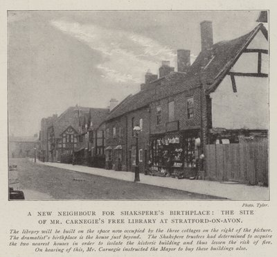Ein neuer Nachbar für Shakespeares Geburtshaus, der Standort von Mr. Carnegies Freier Bibliothek in Stratford-on-Avon von English Photographer