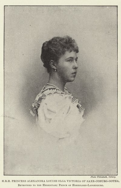 Ihre Königliche Hoheit Prinzessin Alexandra Louise Olga Victoria von Sachsen-Coburg-Gotha, verlobt mit dem Erbprinzen von Hohenlohe-Langenburg von English Photographer
