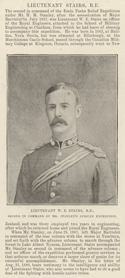 Leutnant W E Stairs, RE, Zweiter Kommandant der afrikanischen Expedition von Mr Stanley von English Photographer