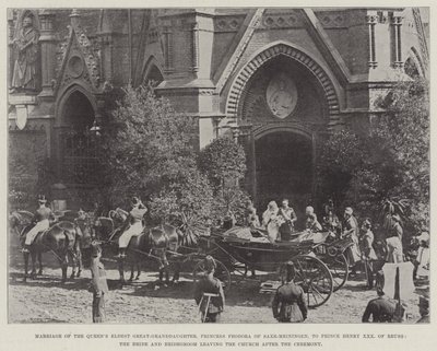Hochzeit der ältesten Urenkelin der Königin, Prinzessin Feodora von Sachsen-Meiningen, mit Prinz Heinrich XXX von Reuß, das Brautpaar verlässt die Kirche nach der Zeremonie von English Photographer