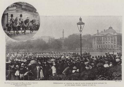 Übergabe der Farben an die 3. Scots Guards durch König Edward VII. bei der Horse Guards Parade am 24. Mai von English Photographer