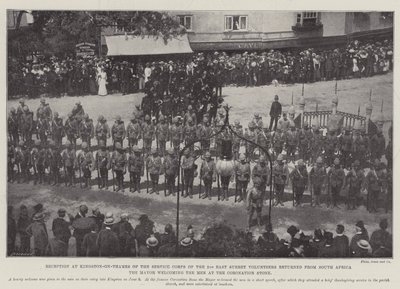 Empfang des Dienstkorps der 2. East Surrey Volunteers aus Südafrika in Kingston-on-Thames, der Bürgermeister begrüßt die Männer am Krönungsstein von English Photographer