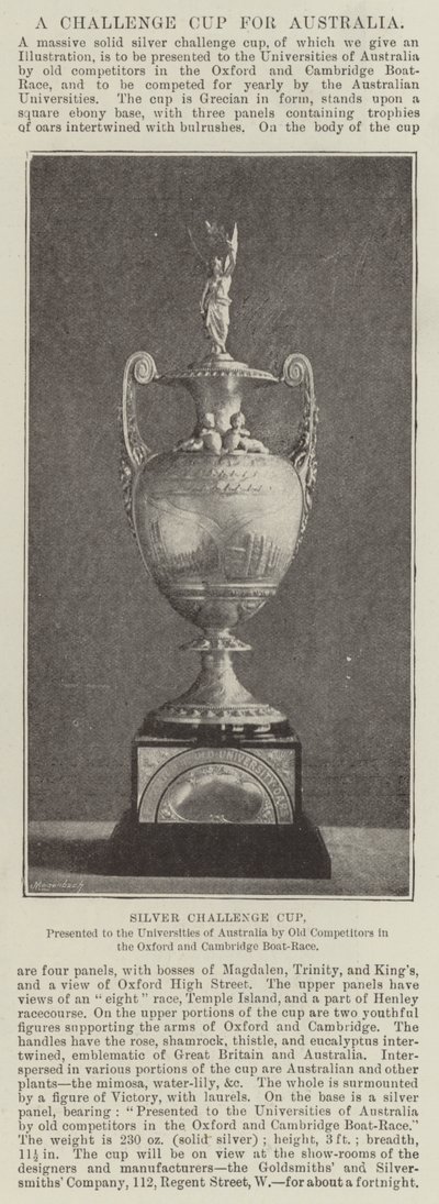 Silberner Wanderpokal, den Universitäten Australiens von ehemaligen Teilnehmern des Oxford-Cambridge-Bootsrennens überreicht von English Photographer