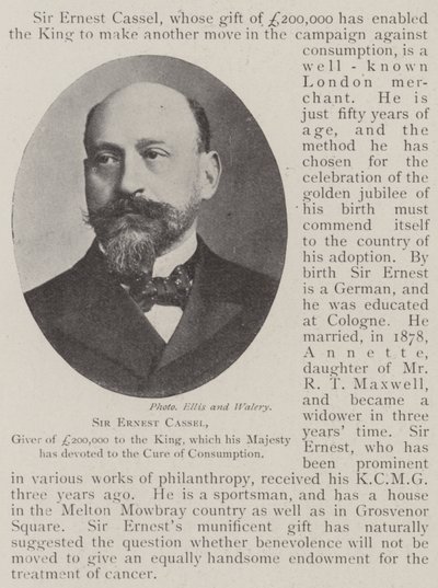 Sir Ernest Cassel, Spender von £200.000 an den König, die Seine Majestät der Heilung von Tuberkulose gewidmet hat von English Photographer