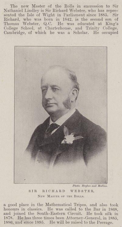 Sir Richard Webster, neuer Master of the Rolls von English Photographer