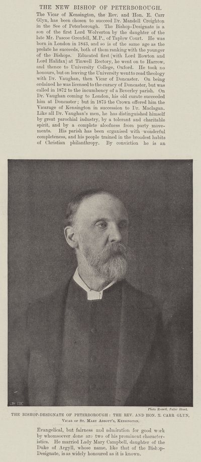 Der designierte Bischof von Peterborough, der ehrwürdige und ehrenwerte E. Carr Glyn, Vikar von St. Mary Abbotts, Kensington von English Photographer