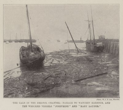 Der Sturm im Bristolkanal, Schäden am Watchet-Hafen und die gestrandeten Schiffe Josephine und Mary Lauder von English Photographer